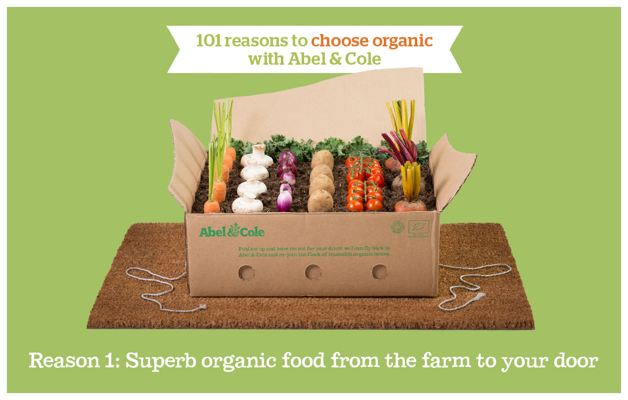 Reason 1 from the 101 Reasons campaign showing an Abel and Cole box filled with veg laid out like crops in a field