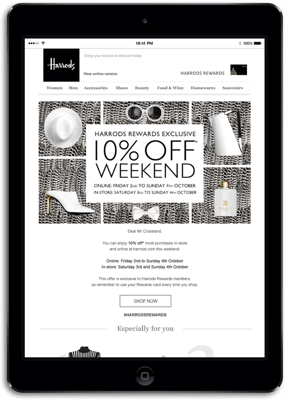 The top of a womenswear email advertising the 10% Weekend, black and white products on matching feathers