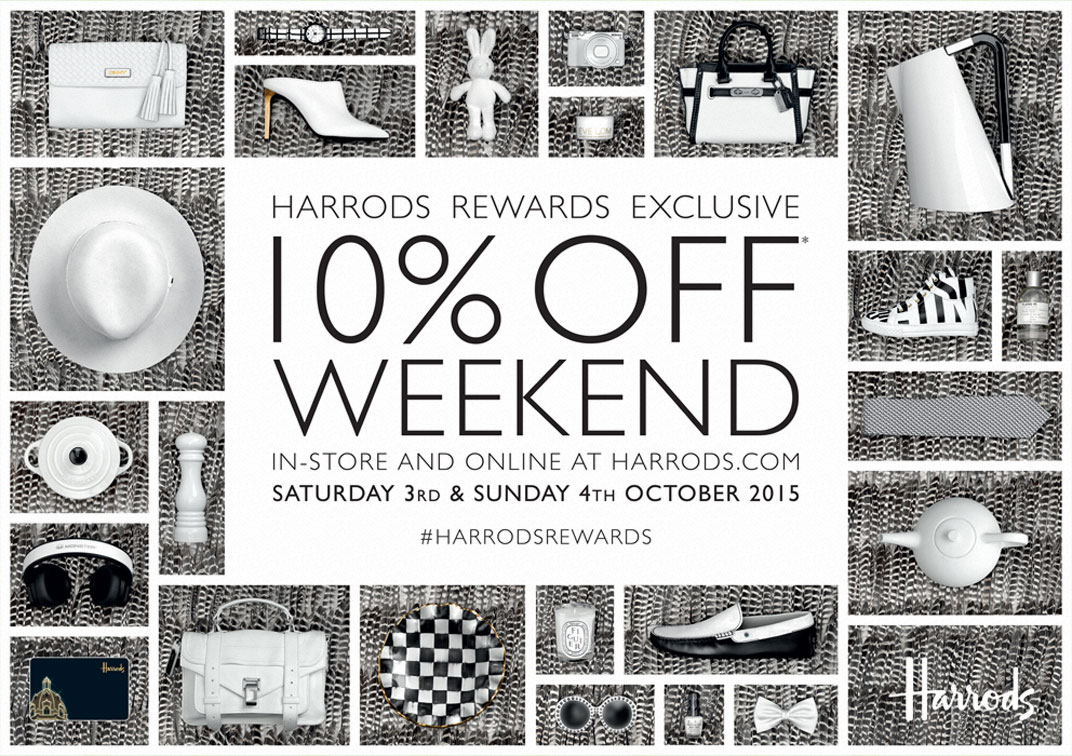 The front of a 10% Weekend postcard with black and white products on matching feathers