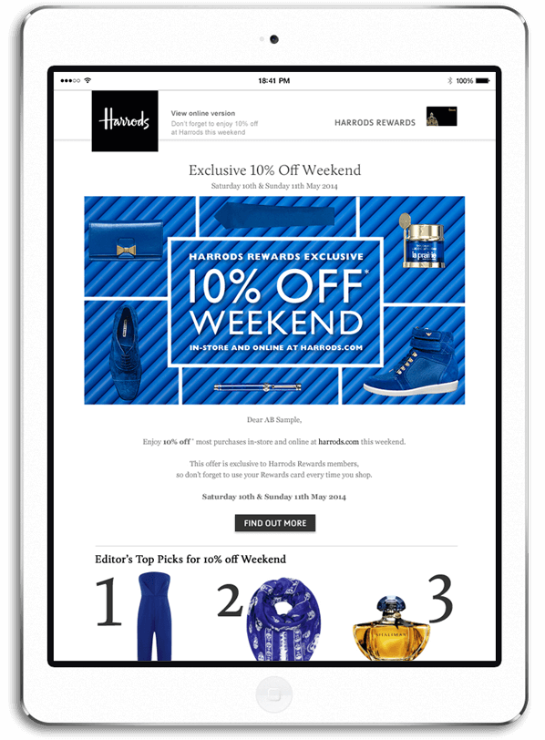 The top of a womenswear email advertising the 10% Weekend, blue products on matching blue pipes