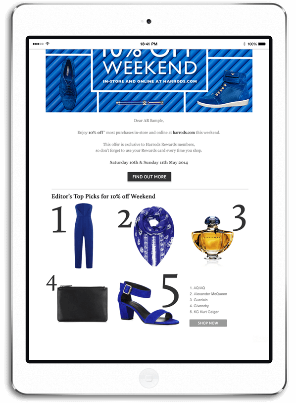 The bottom of a womenswear email showing a tailored selection of blue products