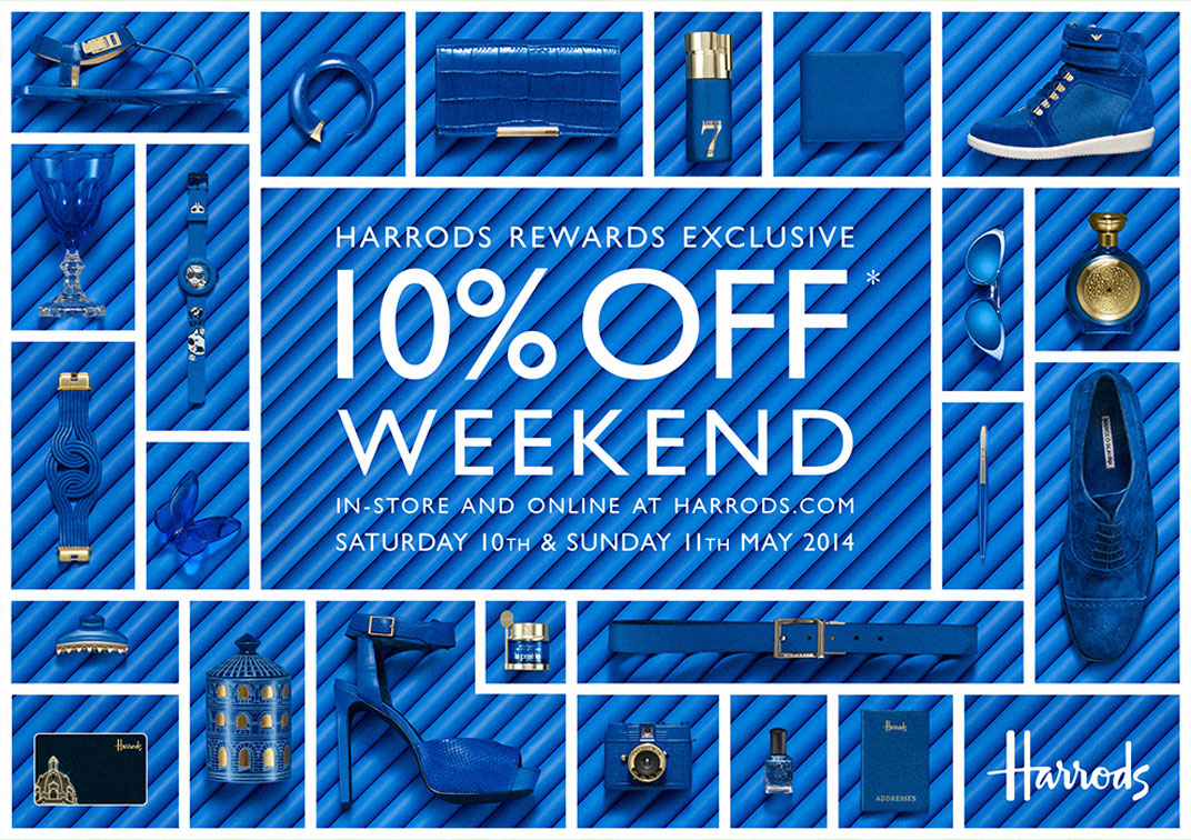 The front of a 10% Weekend postcard with blue products on matching blue pipes