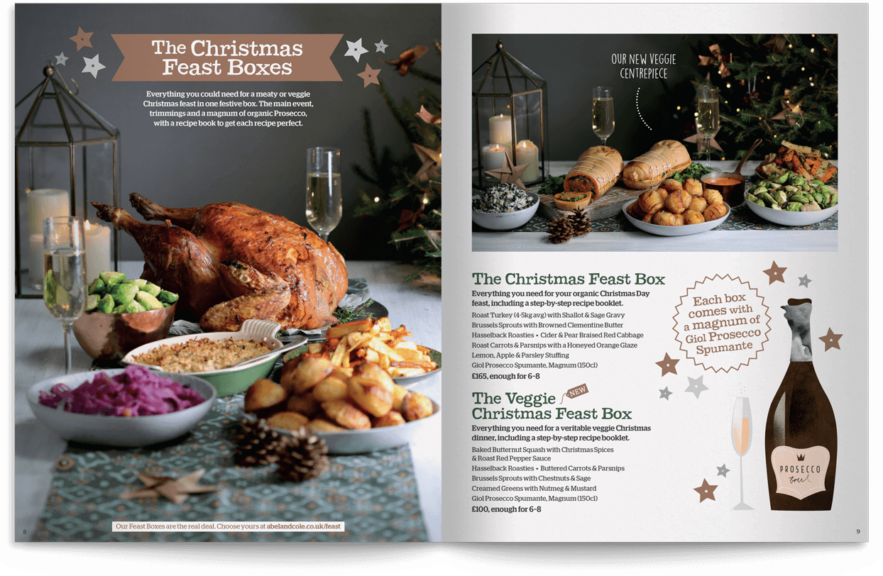 A spread from the Christmas book advertising the Abel and cole Christmas Feast box