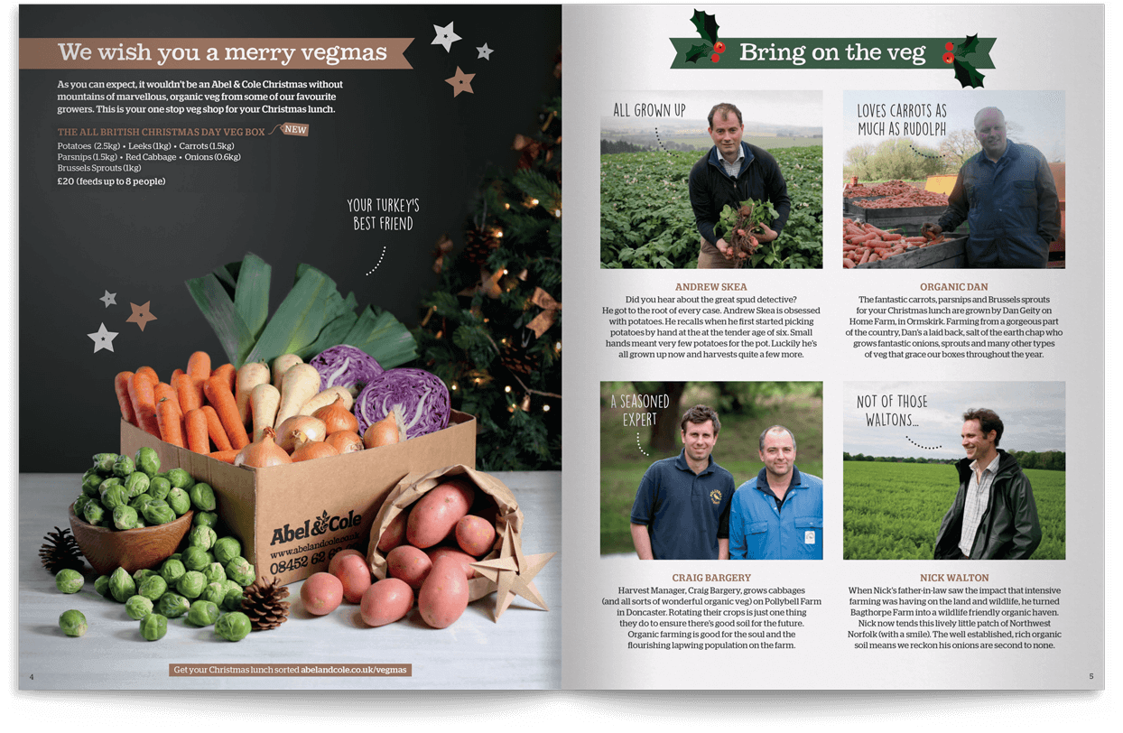 A spread from the Christmas book advertising the Abel and cole Christmas veg box and it's suppliers