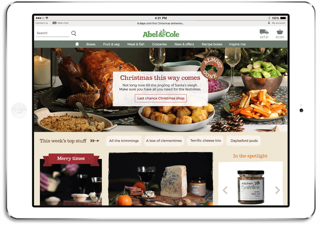 The Abel and Cole Christmas homepage shown on a tablet computer