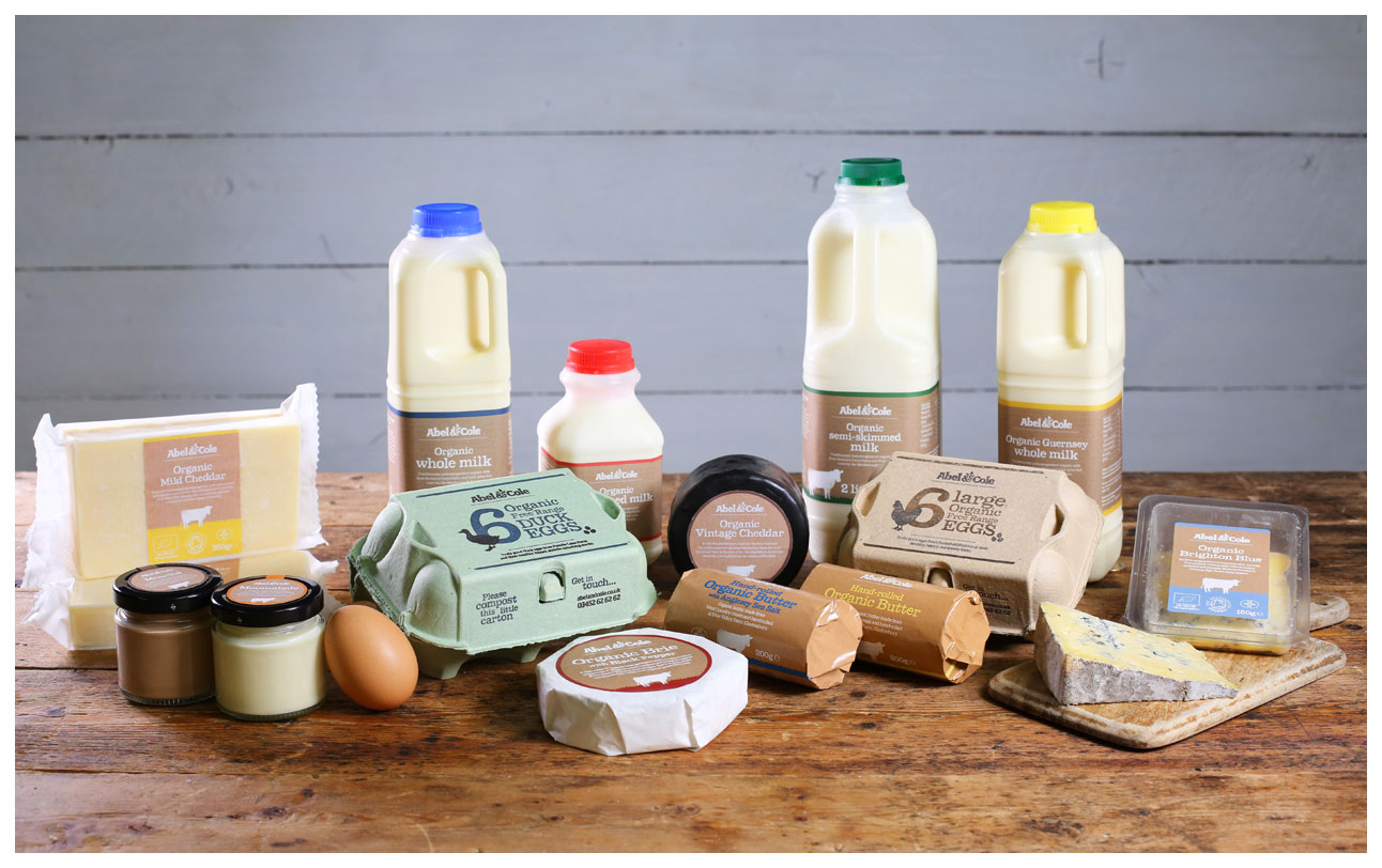 A photograph of a selection of dairy products – the first range in a packaging rebrand for Abel and cole