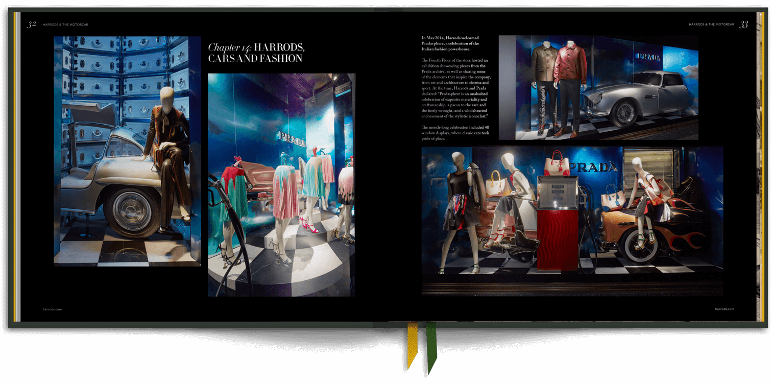 A spread from the book showing a Prada exhibition involving fashion and cars