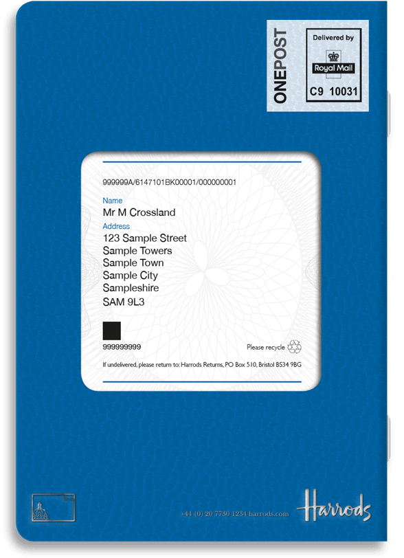 The back of the first DM, a passport, with a cutout for the customers address