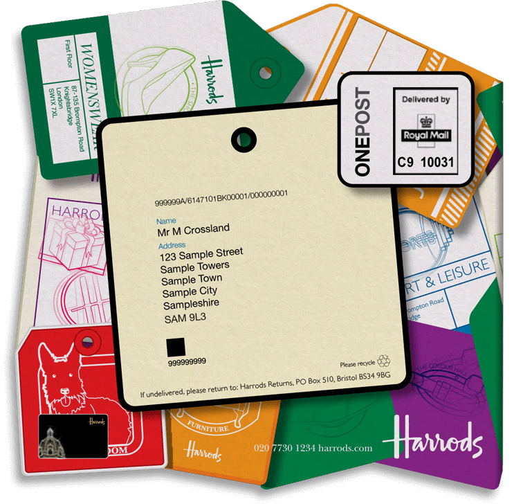 The back of the second DM designed to look like a stack of brightly coloured suitcase travel tags