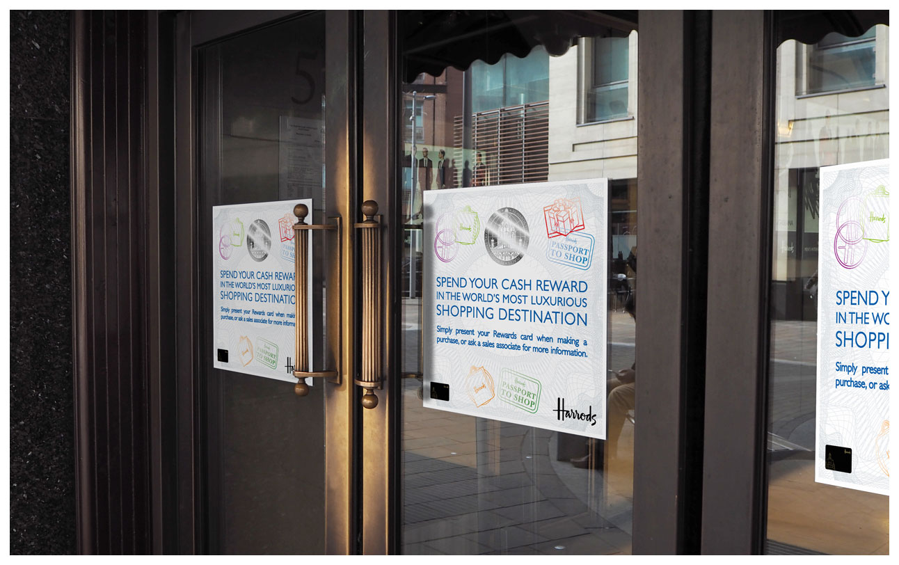 A photograph of signs on the doors of Harrods advertising the campaign