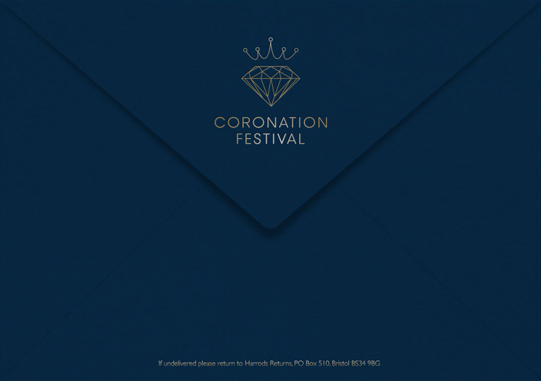 Deep blue envelope with gold foil logos on the flap