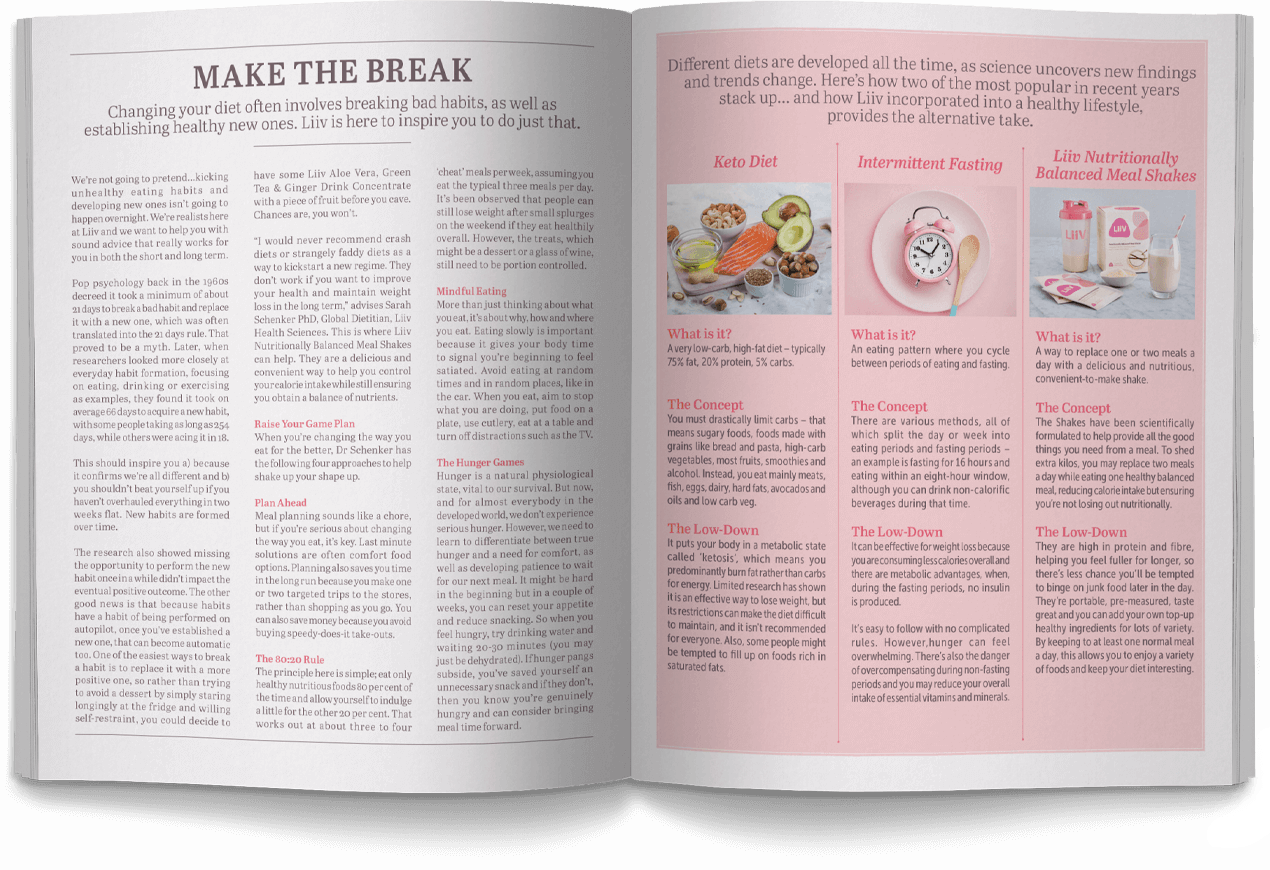 A spread from issue two of the Liiv magazine discussing diet and how Liiv can fit into it