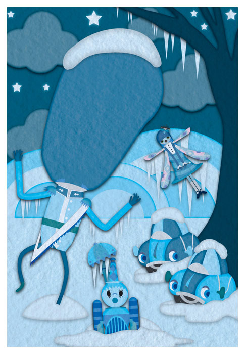 An illustration of some of Oska's friends frozen in place