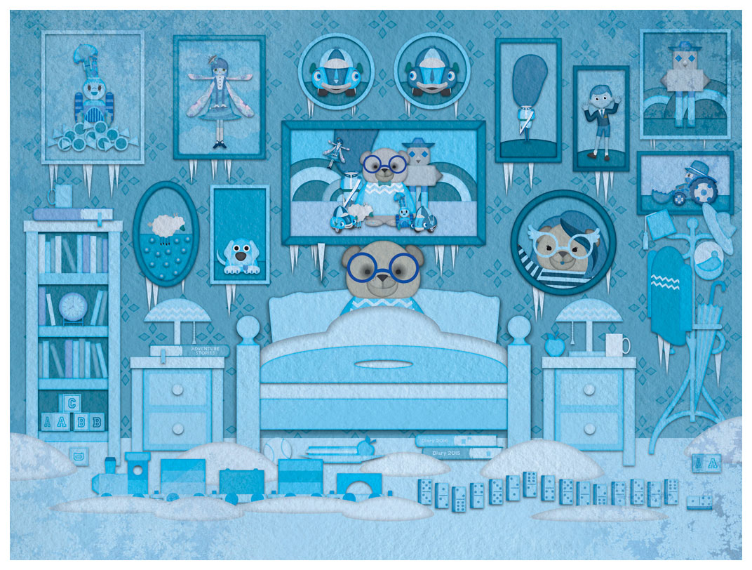 An illustration of Oska the bear his frozen bedroom surrounded by toys and pictures of his friend