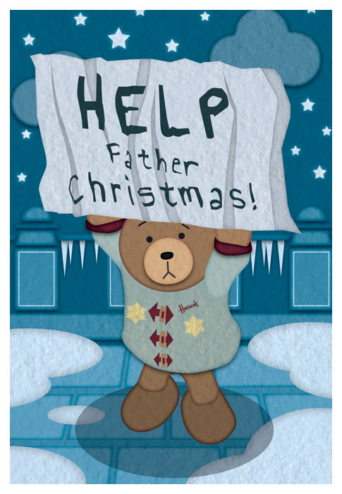 An illustration of Hugh the bear asking for help from Santa