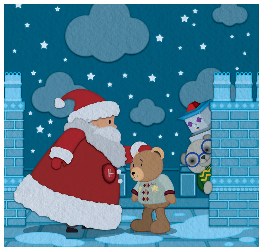 An illustration of Santa meeting Hugh while Oska watches on