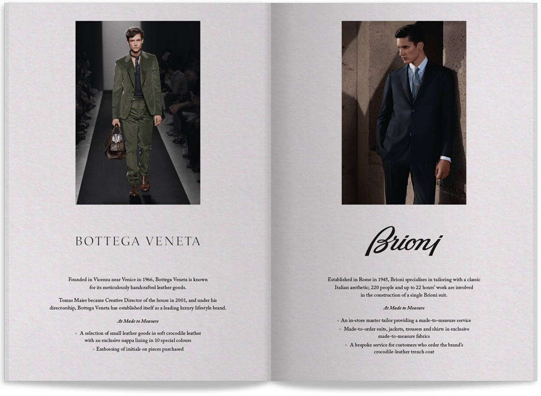 A spread from an event guide brochure showing offering from Bottega Veneta dn Brioni