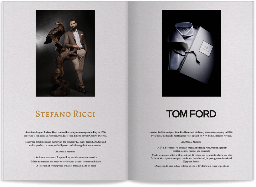 A spread from an event guide brochure showing offering from Stefano Ricci and Tom Ford