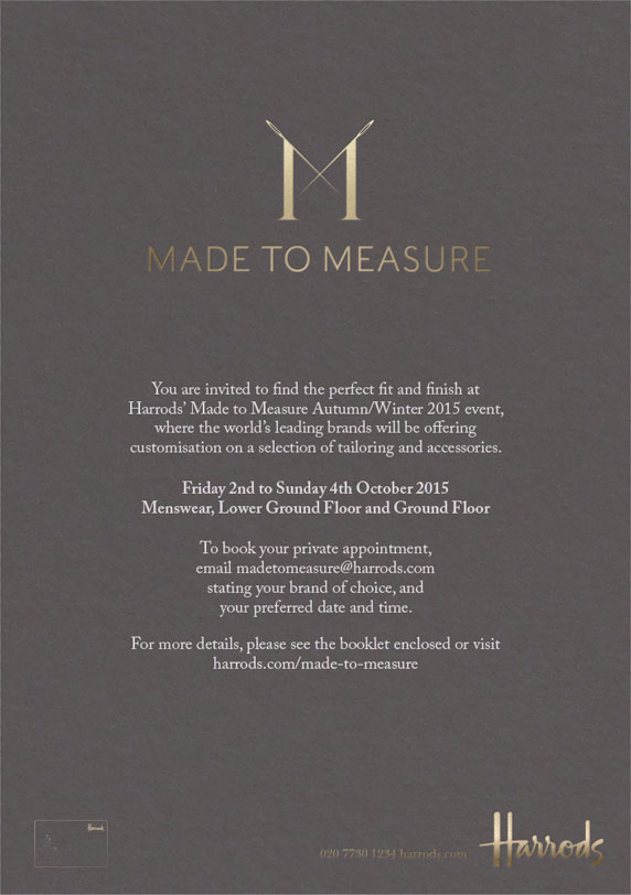 The front of the AW15 Made to Measure invitation – satin gold foil on warm grey