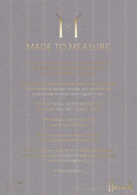 The front of the AW/16 Made to Measure event invitation – brass foil on light grey pinstripe pattern