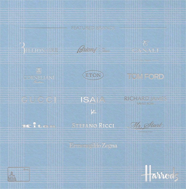 The back of the MTM SS14 event invitation showing the participating brands on a background of pale blue check