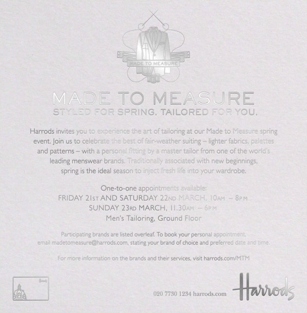 The front of the MTM SS14 event invitation presented in silver foil