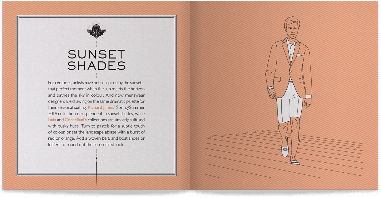 A spread from the guidebook showing a gentleman walking up some steps in a summer suit on an orange herringbone pattern background