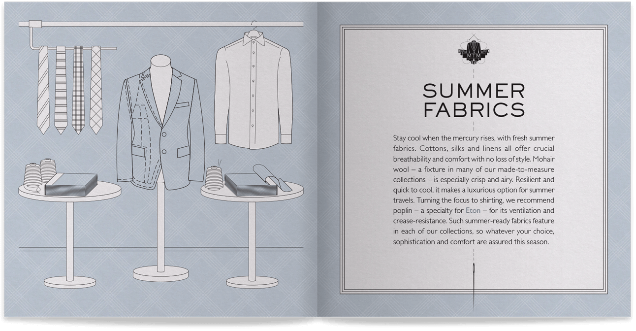 A spread from the guidebook showing a tailoring scene on a pale blue grey check background