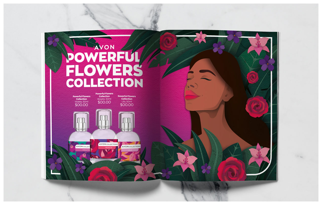 A mock-up of a magazine spread showing how the Powerful Flowers advert could look