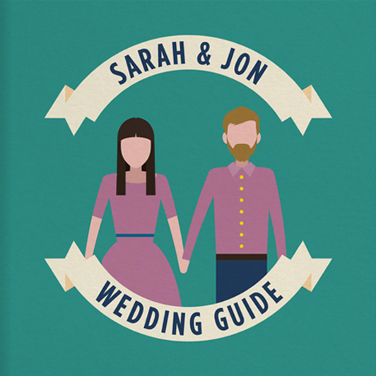 The cover of Sarah and jon's wedding guide with illustrations of the couple