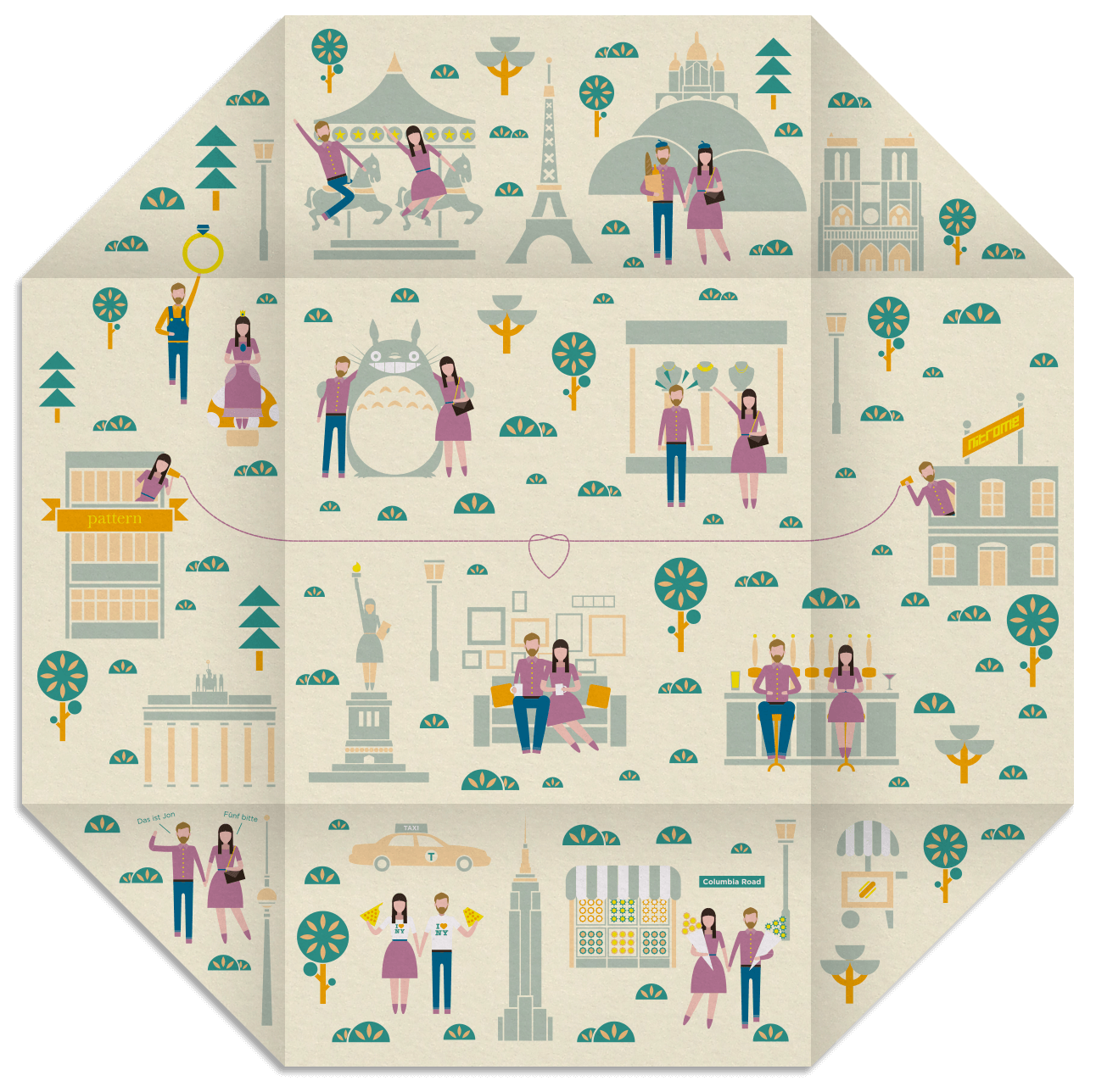 Fully-open envelope a flat octogon with illustrations of the couple at important moments of their lives together