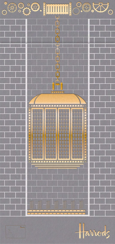 The front of the 'DOWN' mailer, closed. Shows a brass foil illustration of a Harrods elevator on cool grey printed brick pattern