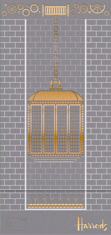 The front of the 'UP' mailer, closed. Shows a brass foil illustration of a Harrods elevator on cool grey printed brick pattern